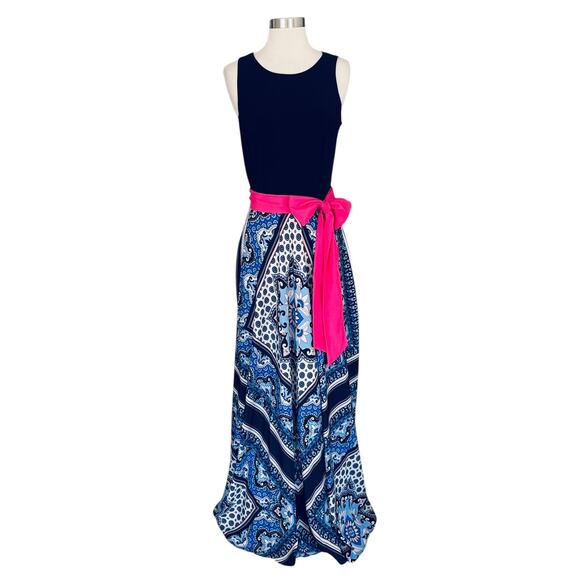 Eliza J Blue Geo Scarf Print Maxi Dress with Pink Sash 10 - Picture 1 of 5